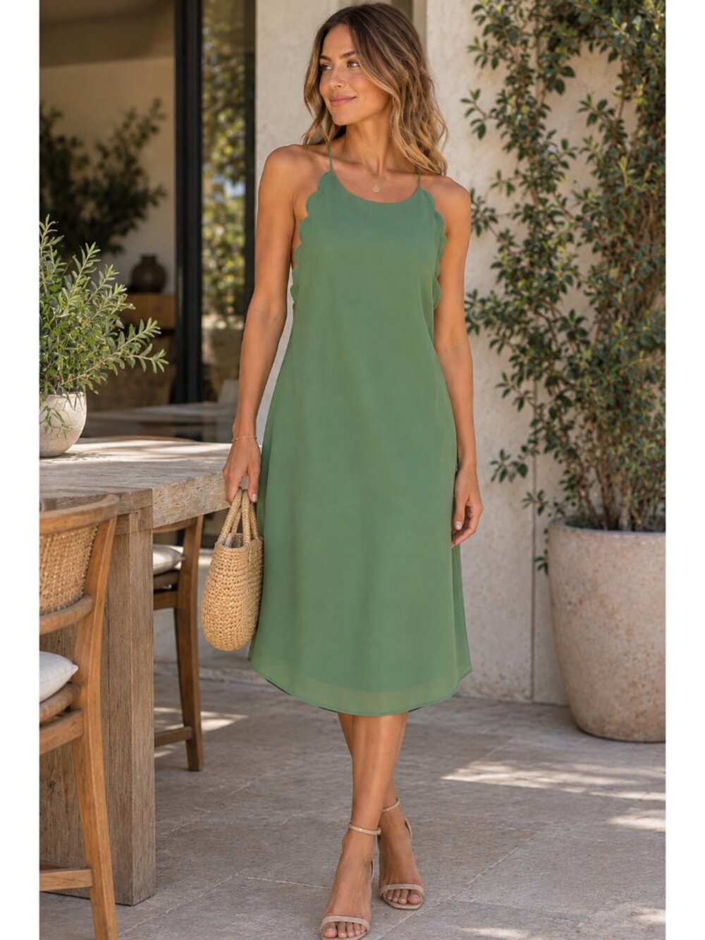 NAKED ZEBRA Boutique Sage Green Knee Length Scallop Slip Dress Shift Chiffon L